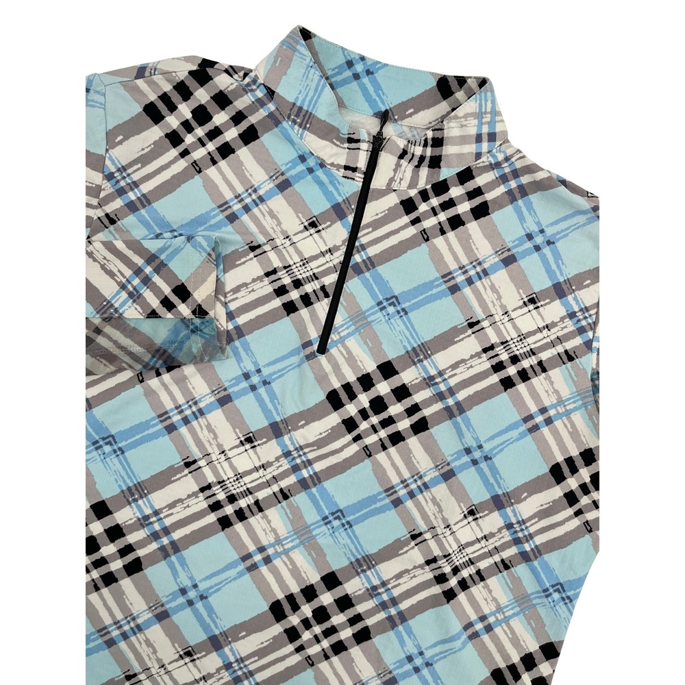Icikuls Womens XL Blue Plaid Quarter Zip Sun Shirt Long Sleeve Golf‎ Top Mock